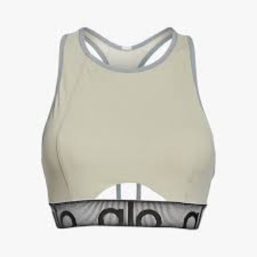 ALO Yoga Beige High-Neck Sports Bralette with Black Mesh Logo Band size S